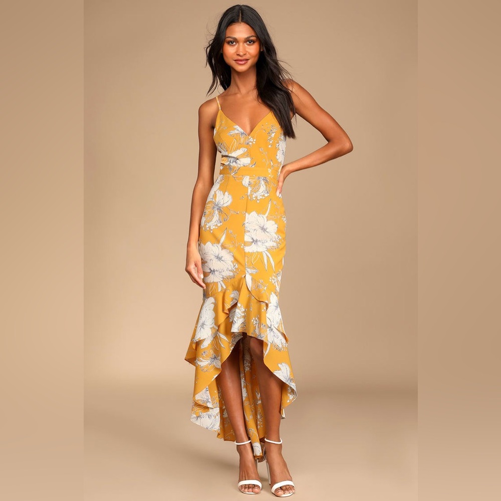 Lulus Darling Daylily Mustard Yellow Floral Print High-Low Maxi Dress